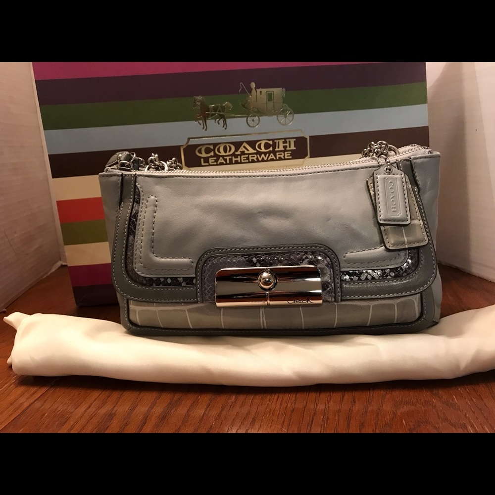 Ladies ‘Coach’ gray leather handbag w/chain straps